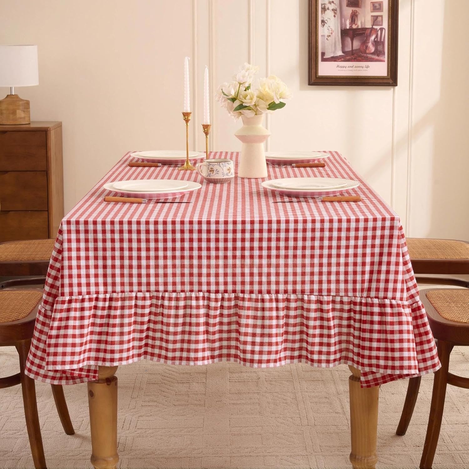 Detalle de Romanstile Gingham Ruffled Tablecloth Rectangle - Waterproof Linen Cotton Checkered Table Cloth, 60 x 84 Inches, Red