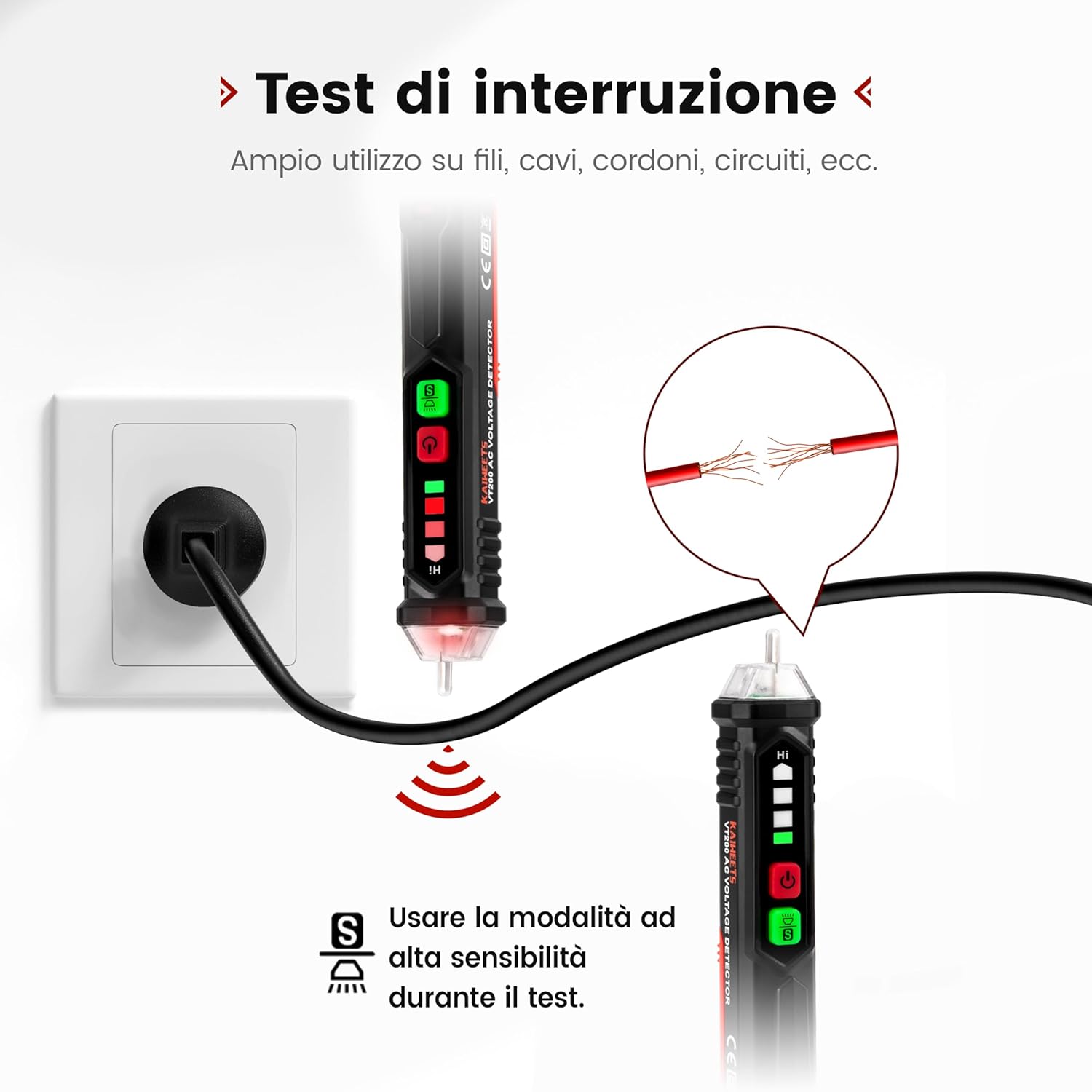 Thumbnail 2 de Tester di tensione KAIWEETS senza contatto (NCV) con doppia gamma AC 12V-1000V e allarme cicalino/luce, VT200