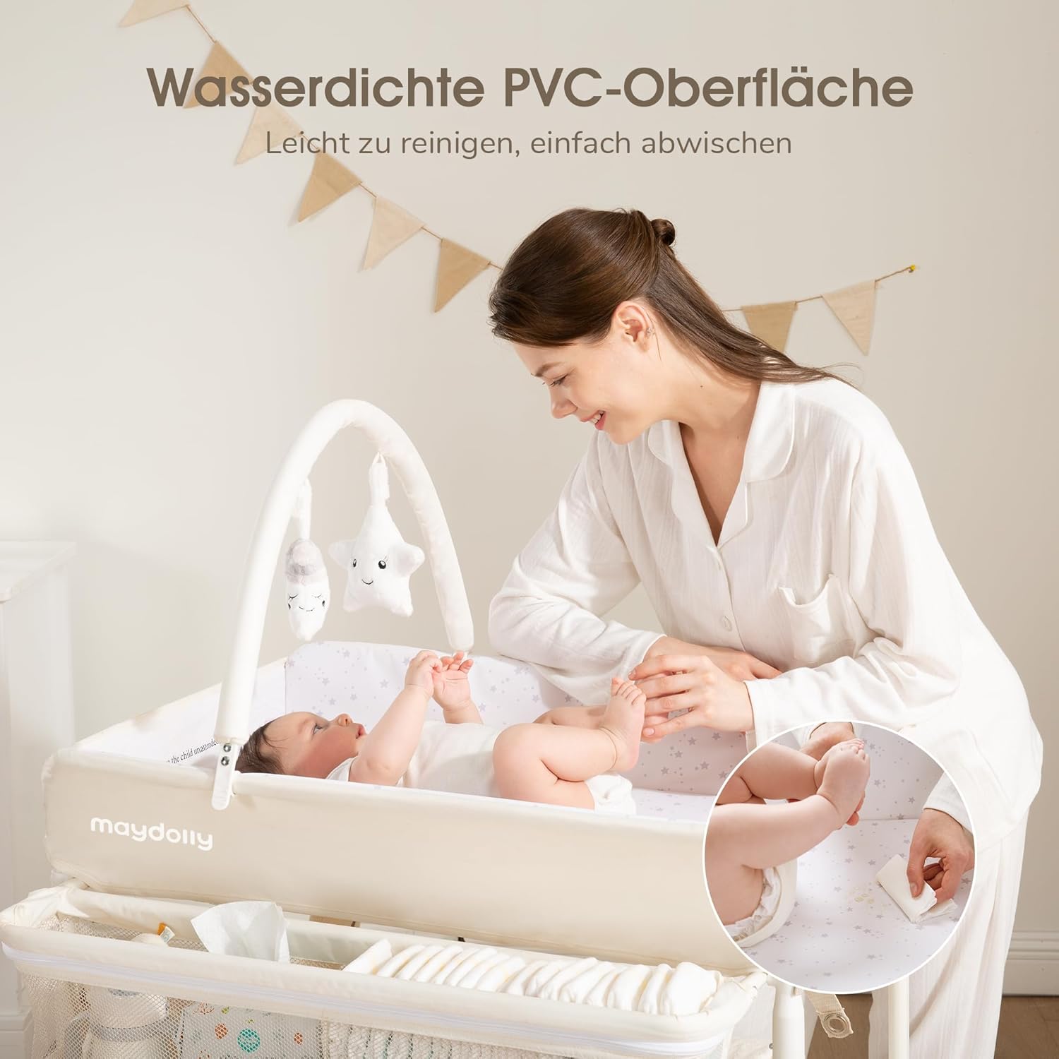 Detalle de Maydolly tragbarer Wickeltisch – faltbar, höhenverstellbar mit Rollen und Stauraum (beige)