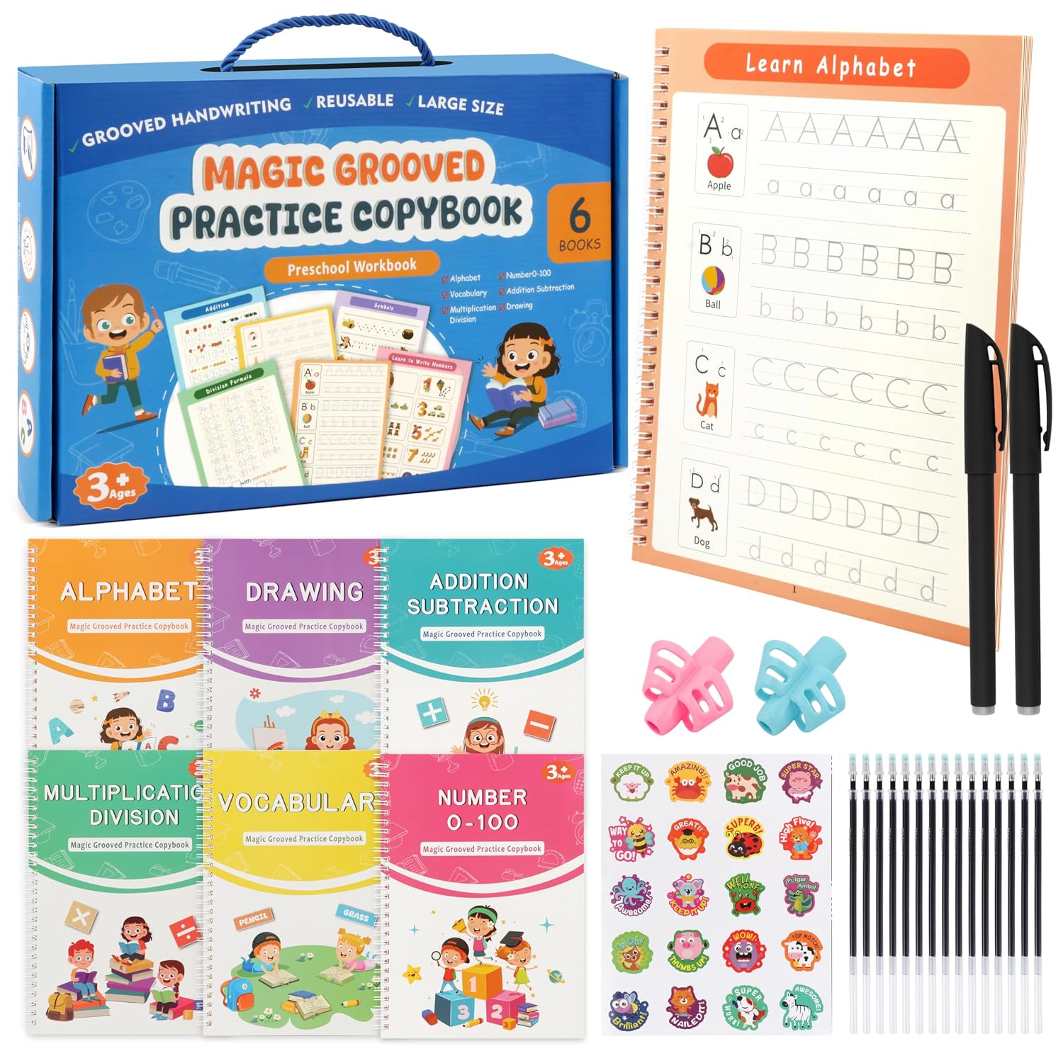 AALGO Magic Grooved Writing Practice Books for Kids Ages 3–8, Reusable Set