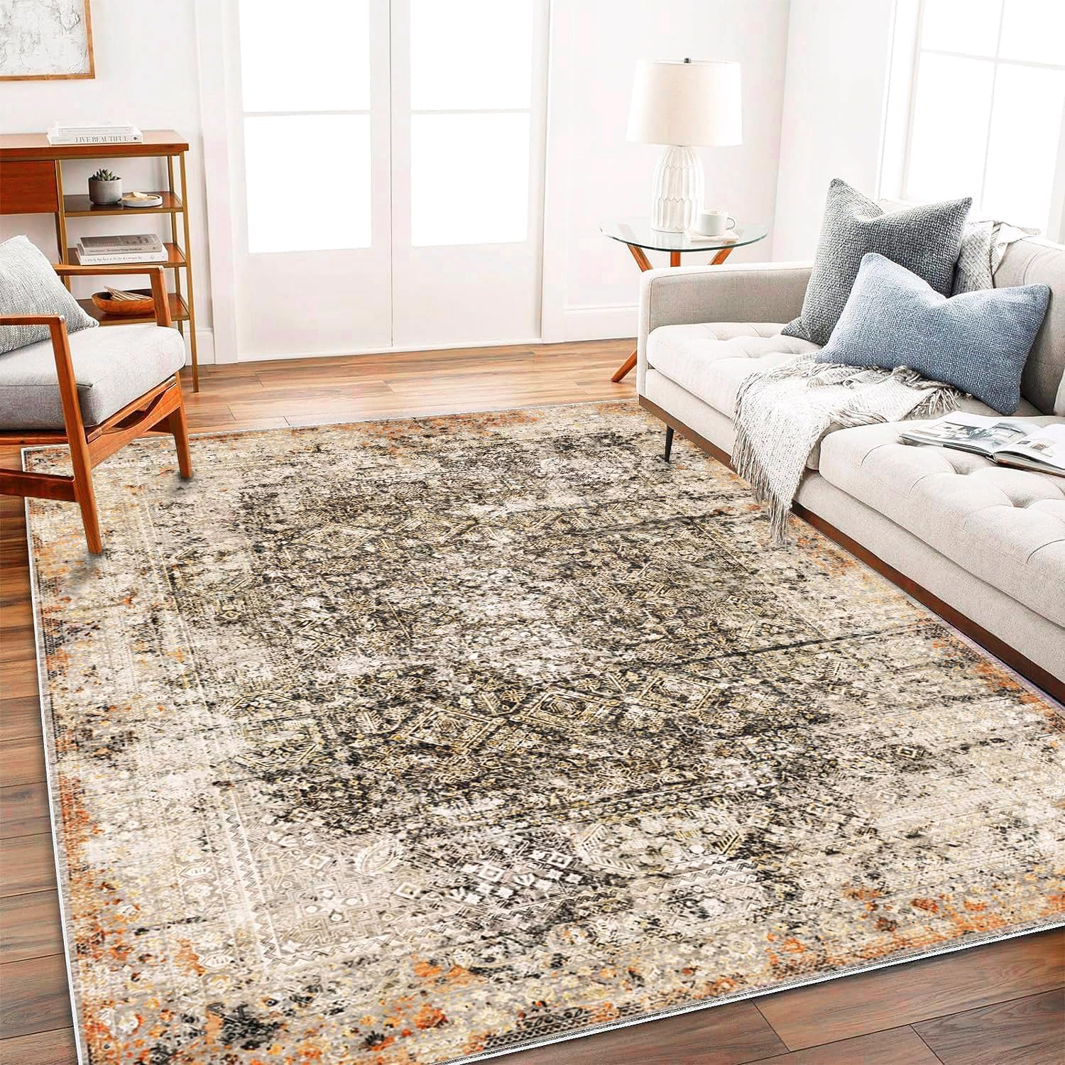 Detalle de CHAMPLANT 9'x12' Washable Vintage Area Rug with Floral Distressed Style (Non-Slip, Thin, Foldable)