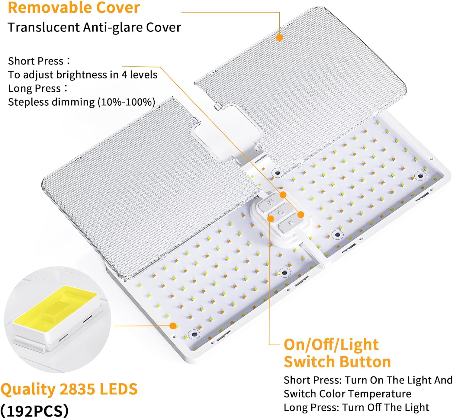 Thumbnail 3 de Kriogor 12V Campervan Ceiling Lights with Switch – 192 LED, 1800 Lumen, 3 Colour Modes, Dimmable Interior Lighting