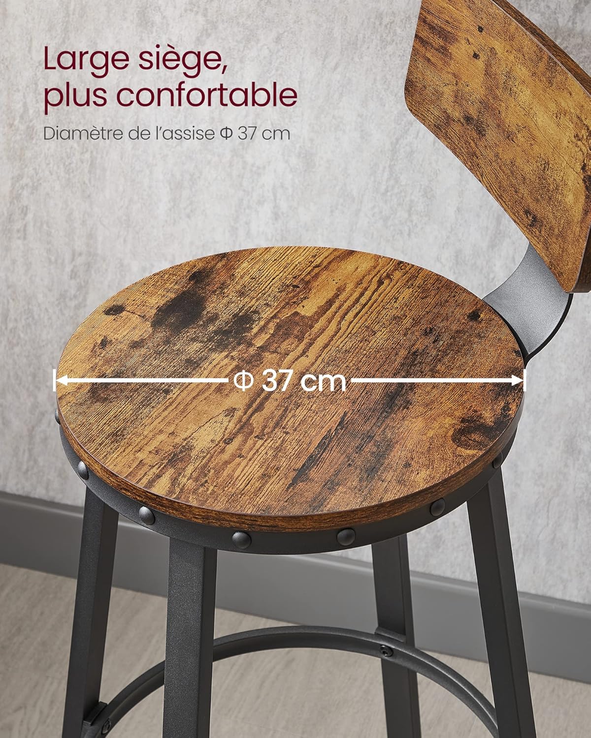 Thumbnail 6 de VASAGLE Tabouret Bar Industriel Lot de 2 – Siège 62,5 cm, cadre acier, bois marron rustique
