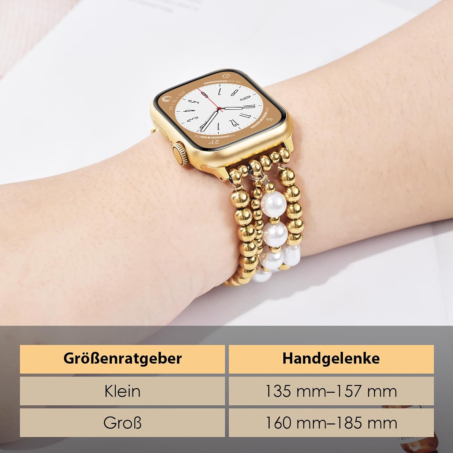 Detalle de V.R.HOPE Perlen-Armband für Apple Watch (44/45/46/49 mm) – elastisches Band mit Gold-Perlen