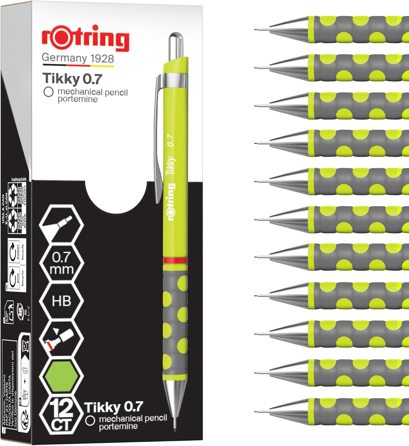 rOtring Tikky Matita meccanica 0,7 mm HB – Fusto verde lime, 12 pezzi