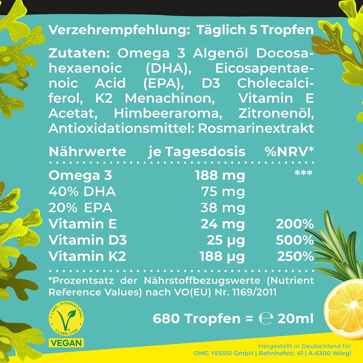 Detalle 2 de Omega-3 Algenöl PLUS von Algenöl PLUS – 40% DHA & 20% EPA mit Vitamin D3, K2 (MK7) sowie Vitamin E (vegan), Zitrone & Rosmarin