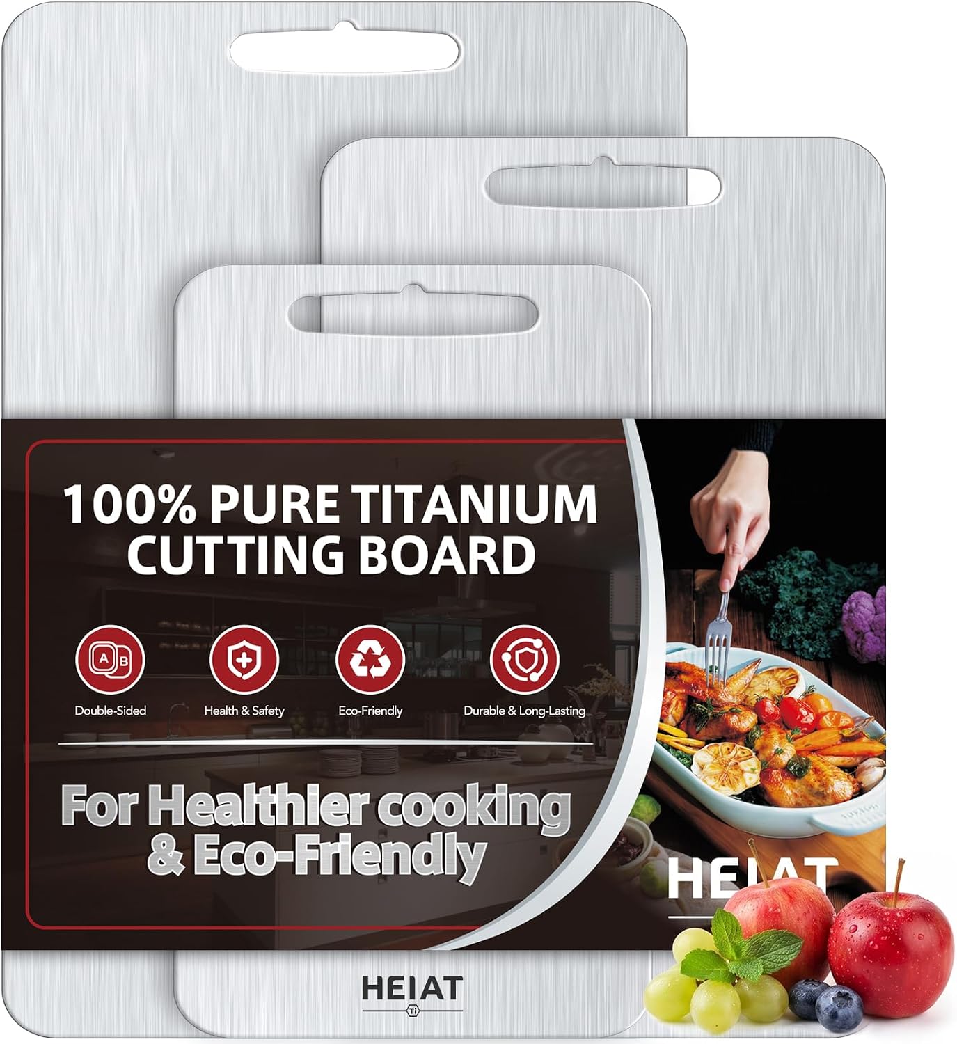 Detalle de 100% Pure Titanium Cutting Board Set of 3 – Dual-Sided, Dishwasher Safe