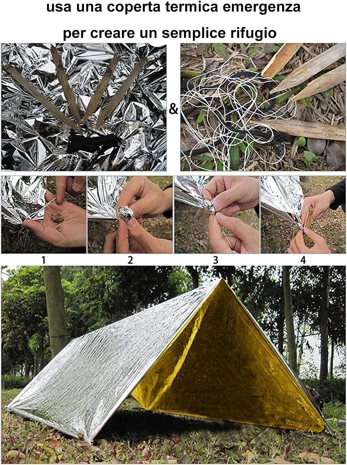Thumbnail 5 de HONYAO Coperta Termica di Emergenza 3 Pezzi 210×160 cm (oro/argento) per freddo, pioggia e vento