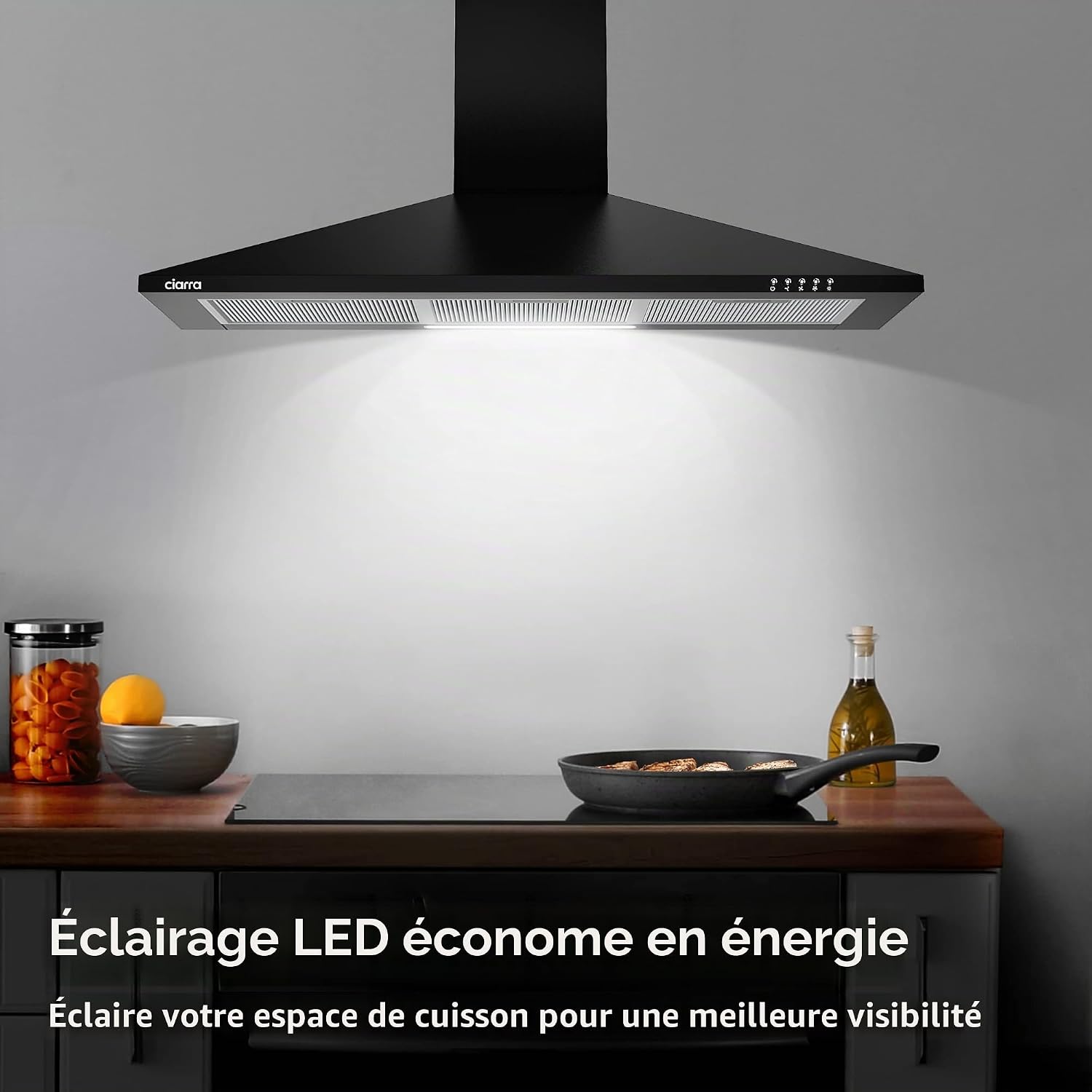 Detalle de CIARRA CBCB9201 Hotte Murale 90 cm – Classe A++ et finition Noir Mat