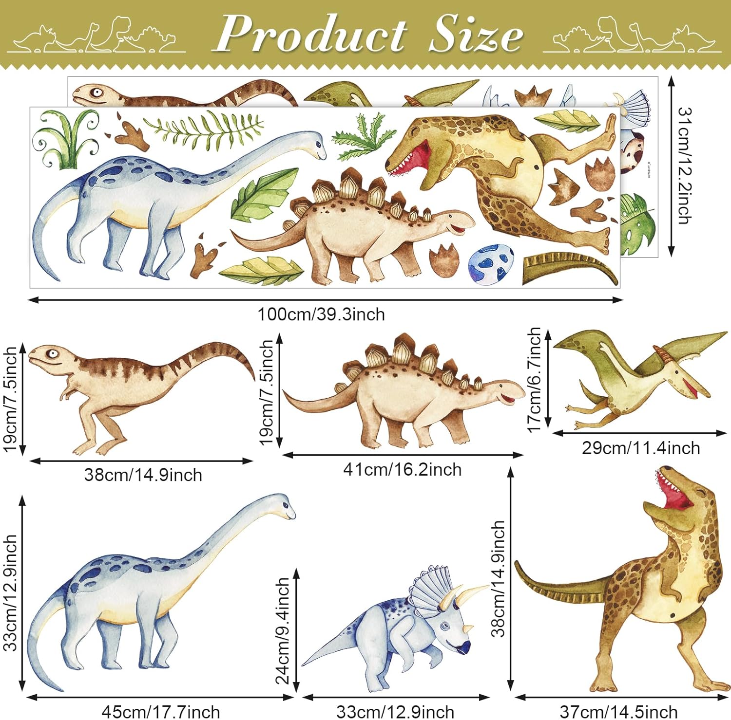 Thumbnail 1 de Watercolor Dinosaur Wall Stickers (Large) – Peel and stick dino wall decals for nurseries and playrooms