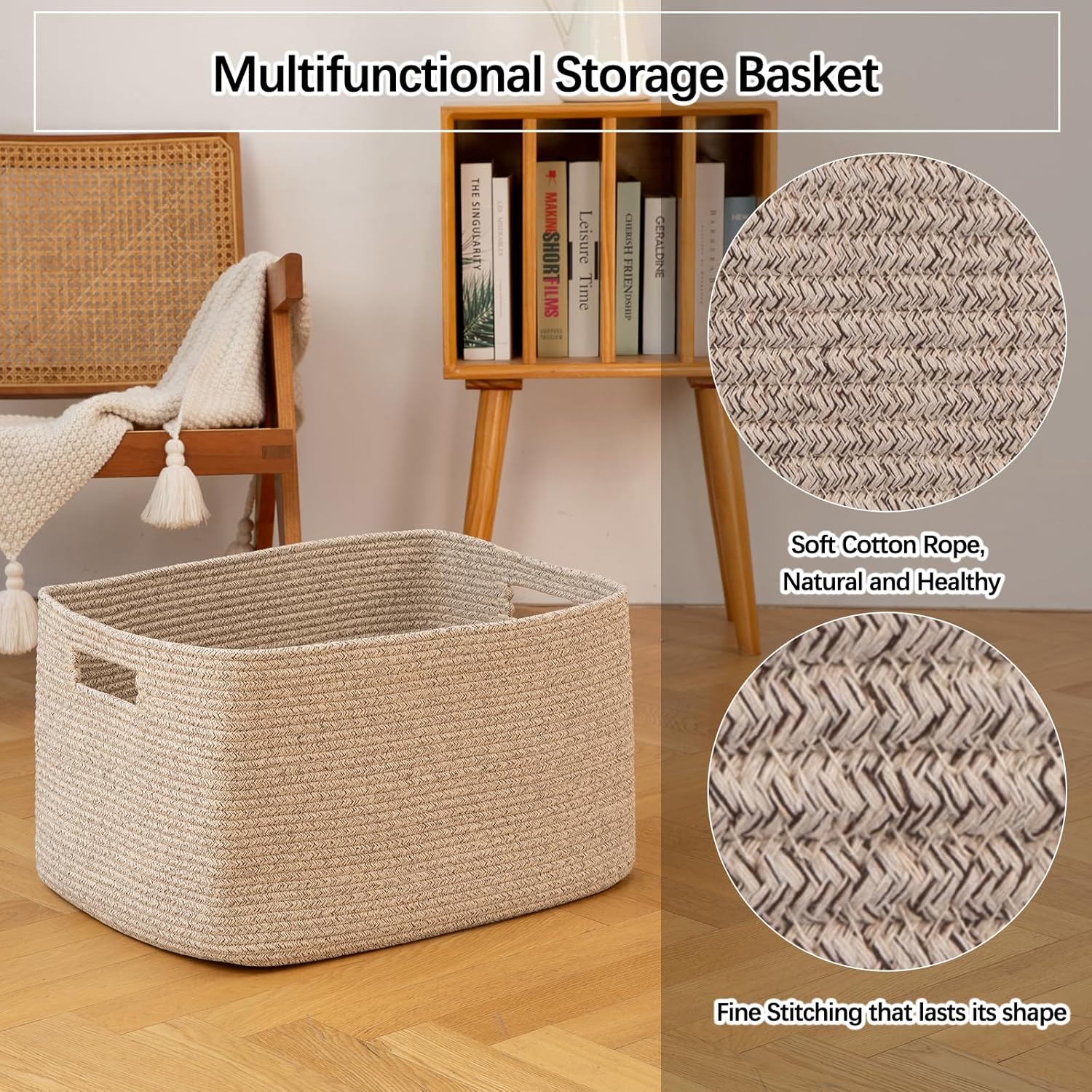 Thumbnail 4 de OIAHOMY 75L Large Woven Cotton Rope Storage Basket (22”x17”x12”) with Handle for Blankets, Toys & More