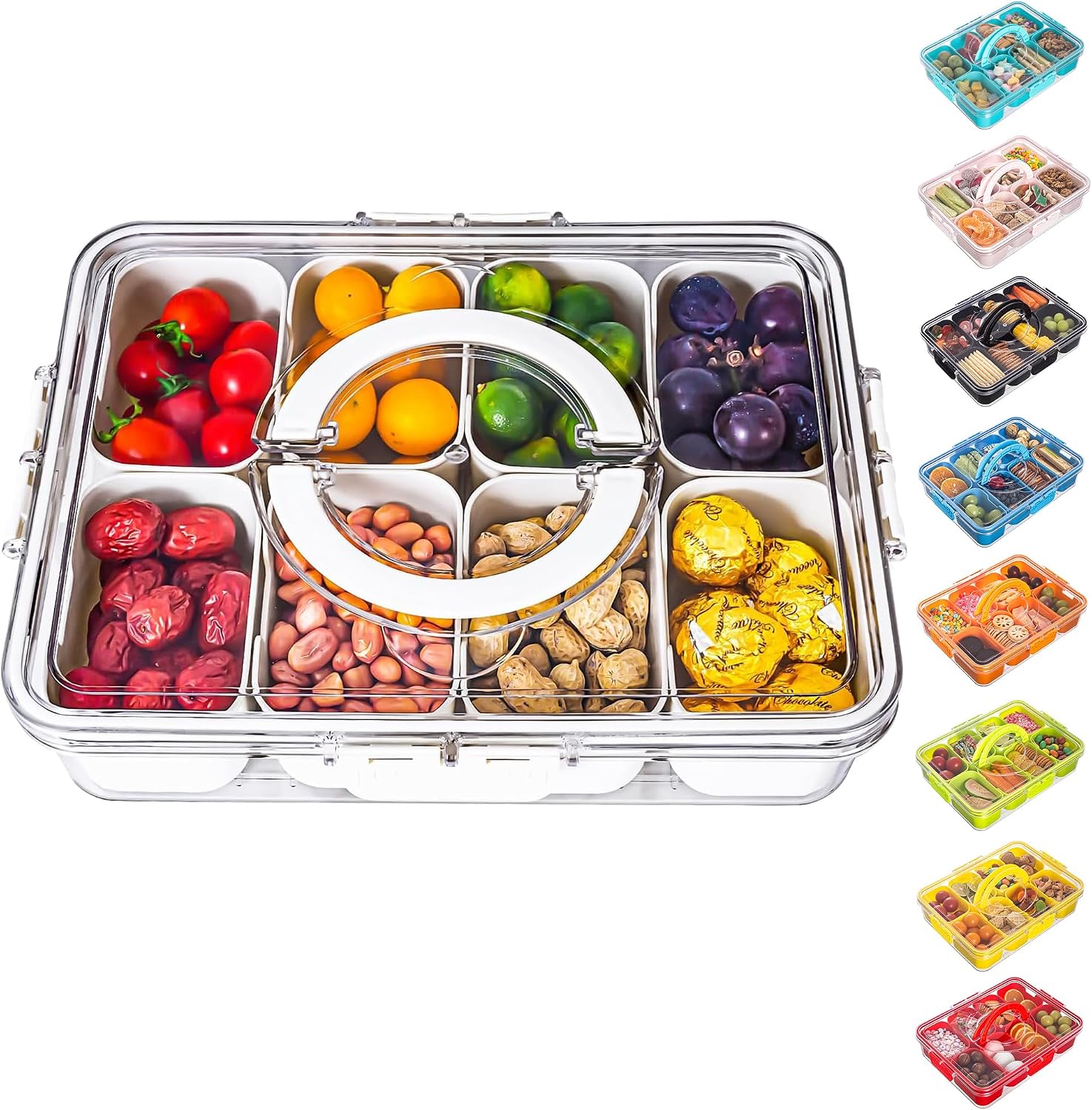 Detalle de Dingerjar Divided Snack Tray with Lid and Handle: Portable Snackle Box for Party Platter Organization