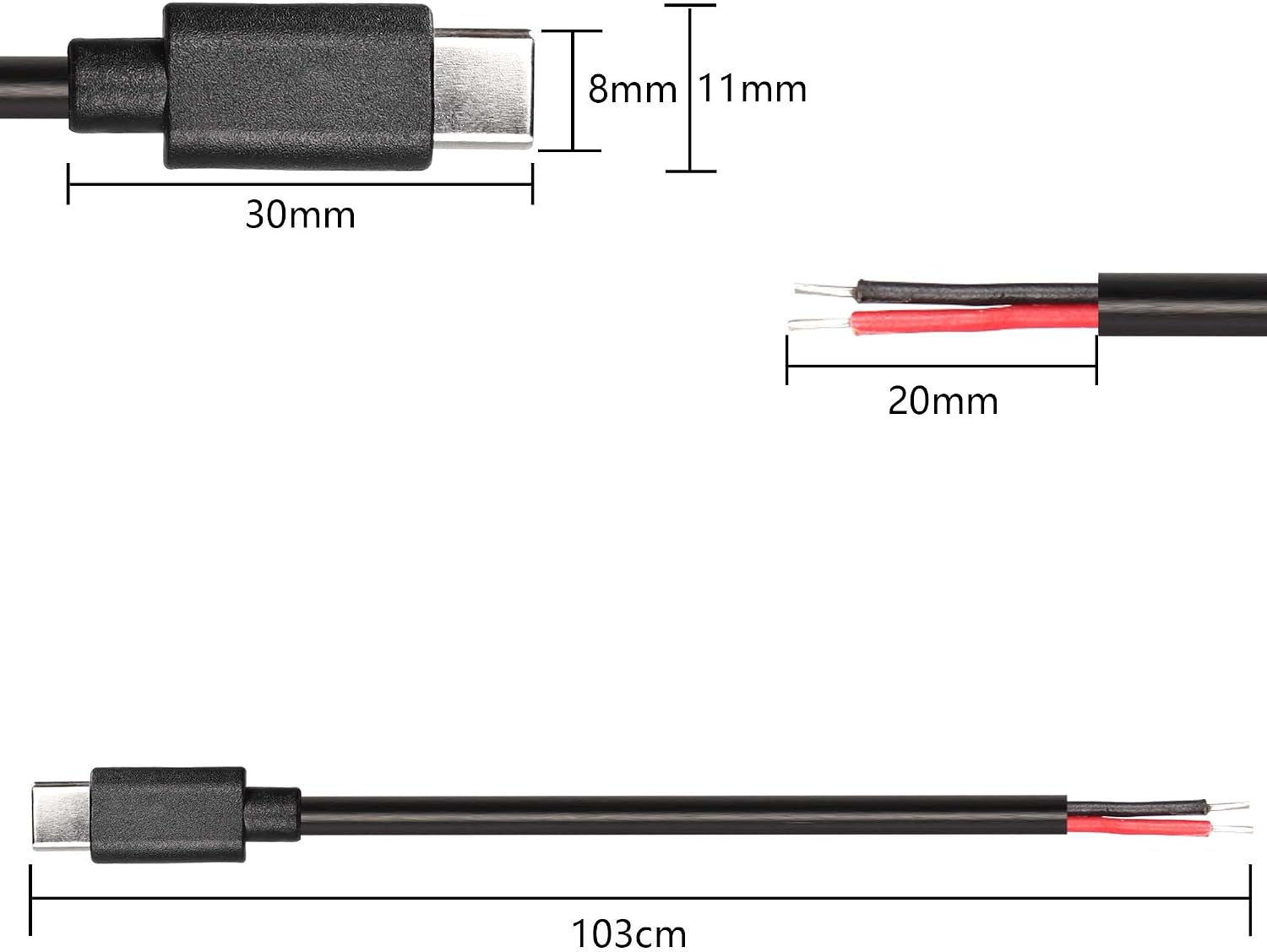 Detalle de USB-C bare-wire power cable 22AWG