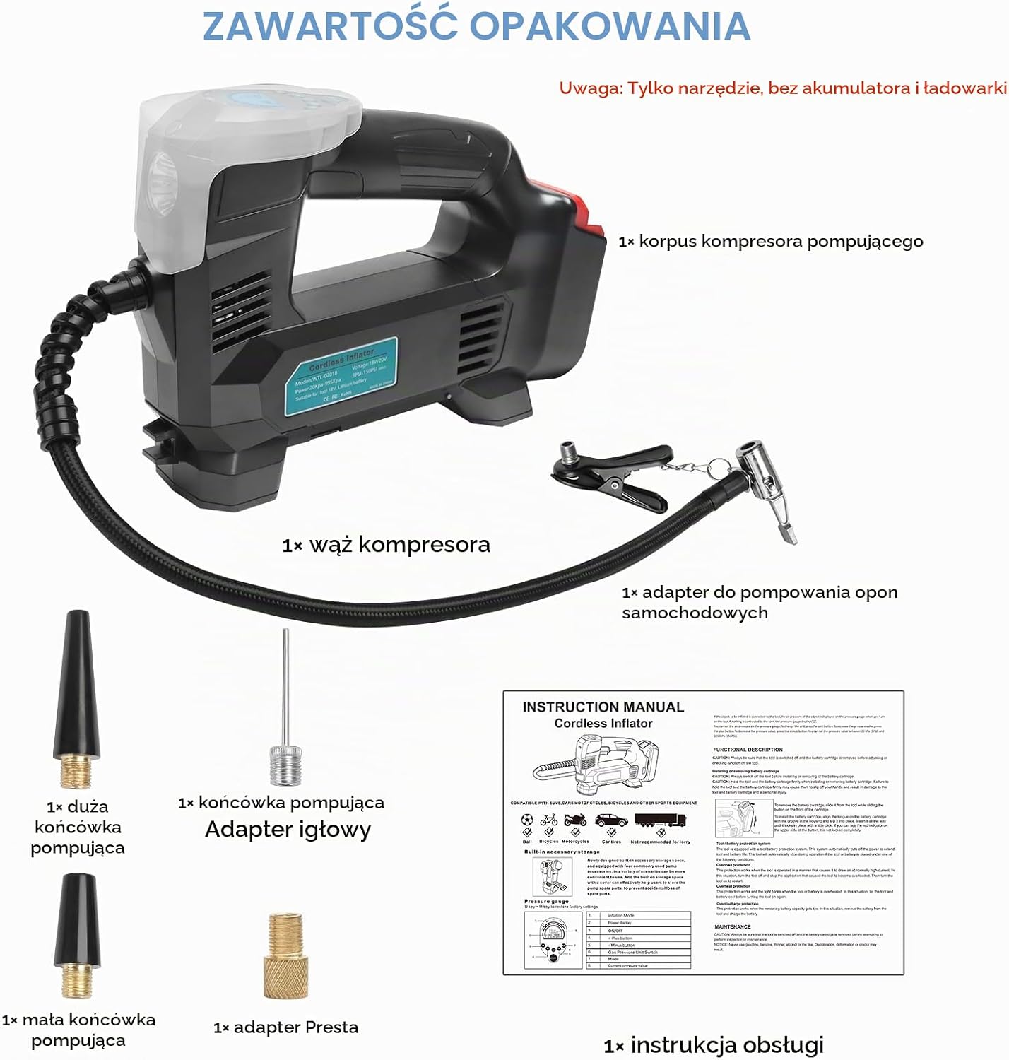 Thumbnail 6 de Powarobor UPUMP-WTL1020 – bezprzewodowy kompresor 18 V, 150 PSI, z wyświetlaczem LED