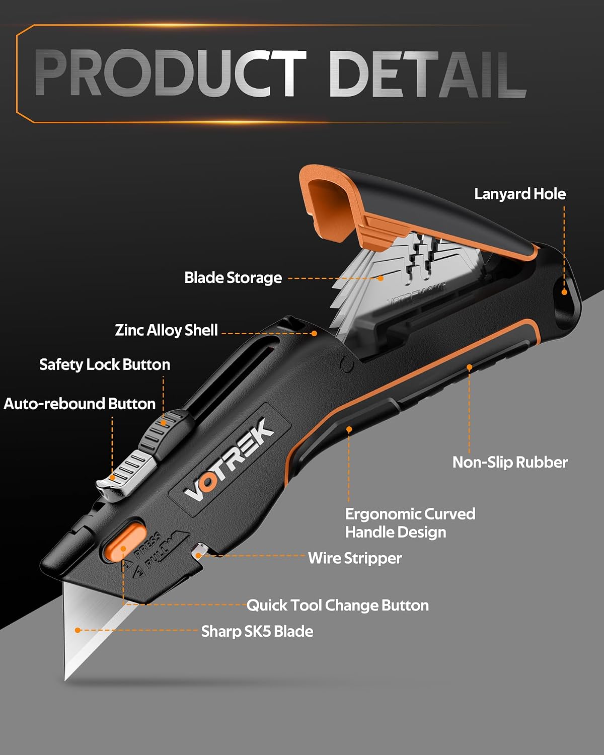 Thumbnail 5 de VOTREK VOT-UK001-No 2-in-1 Retractable Utility Knife with Blade Storage