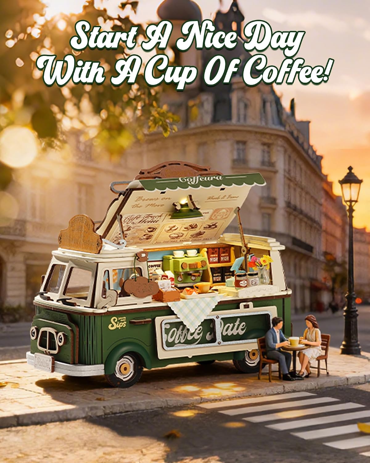 Detalle de Rolife Leo's Coffee Truck 3D Puzzle: A Detailed Miniature Model Kit for Adults