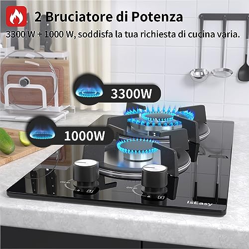 Detalle de IsEasy Placa de Gas 2 Fuegos Negro (31 cm): potencia 4300 W para encimera de cristal y gas GLP/Natural