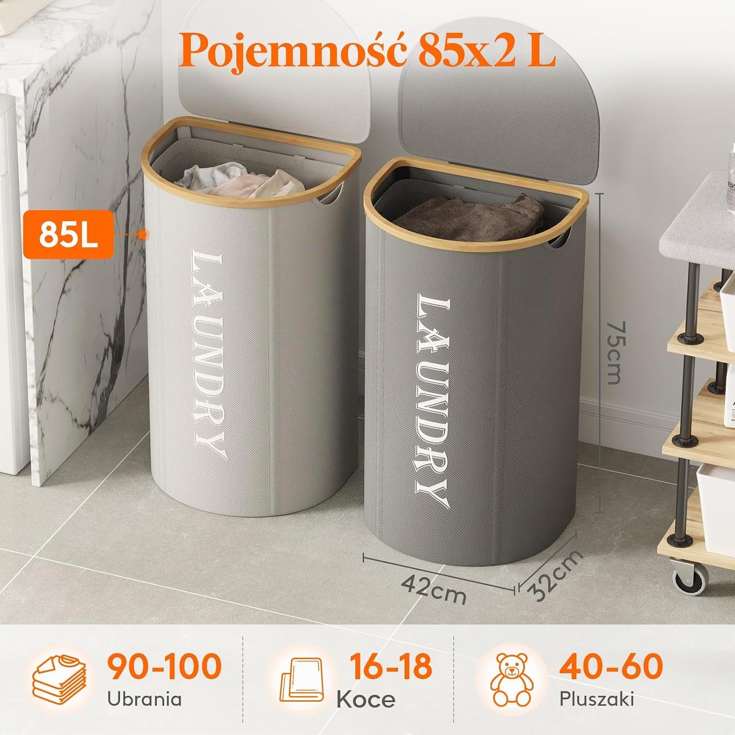 Detalle de Lifewit 24302 – 2 kosze na pranie 85 l z pokrywą i wyjmowanymi workami