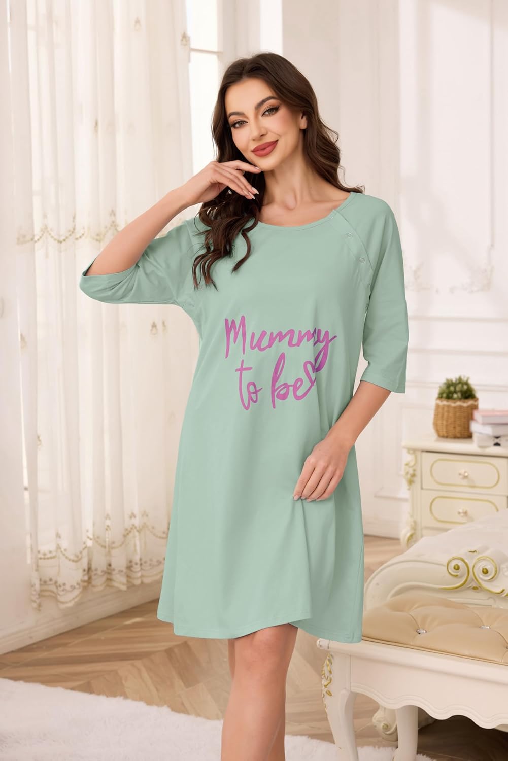 Detalle de Vlazom Women 3 in 1 Cotton Nursing Nightgown: A practical maternity gown for labour, hospital care and nursing
