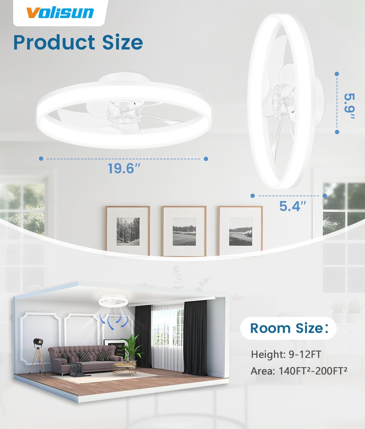 Detalle de VOLISUN Ceiling Fan with Light, 20-Inch