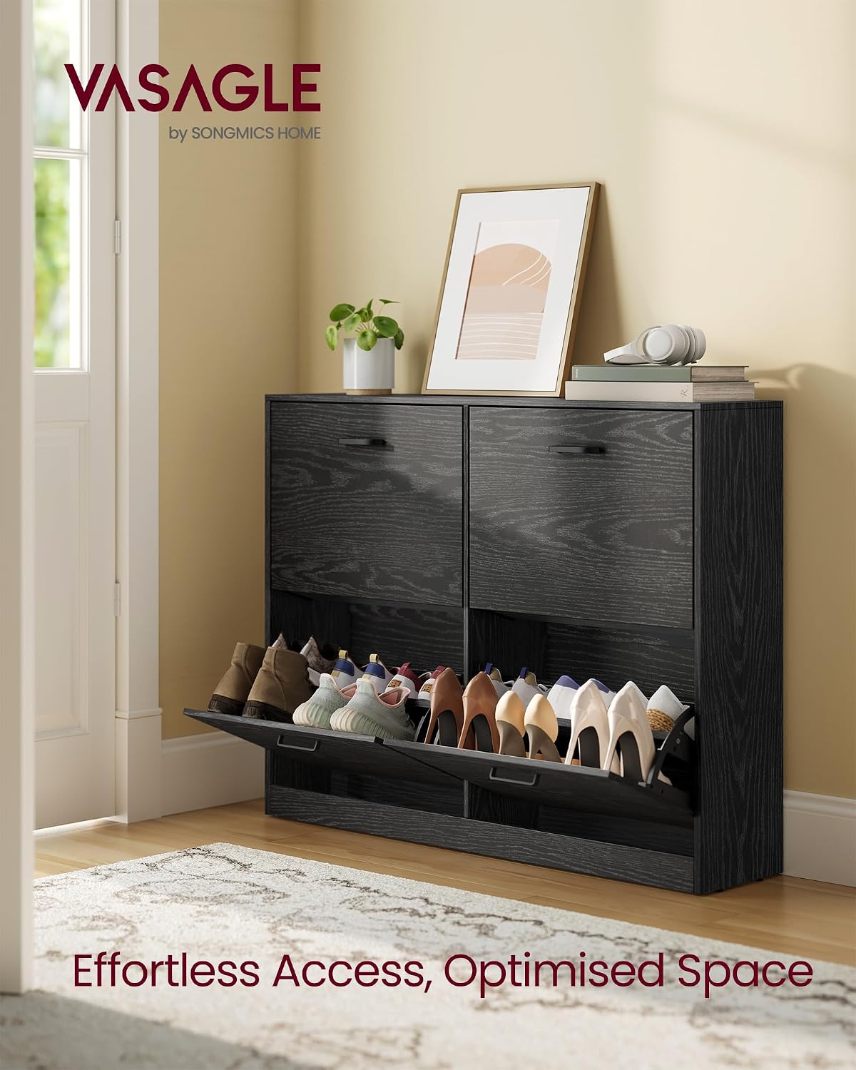 Detalle de VASAGLE LBC035B01 shoe cabinet, 4 flaps, adjustable dividers, ebony black