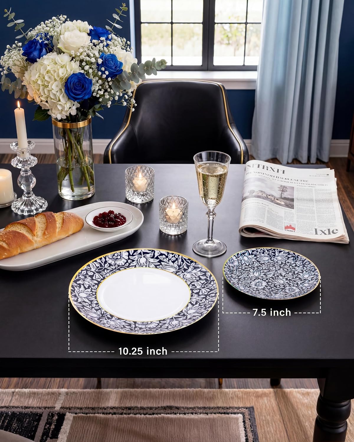 Thumbnail 6 de Hioasis Blue Floral Plastic Plates, 60-Piece Set with Gold Rim