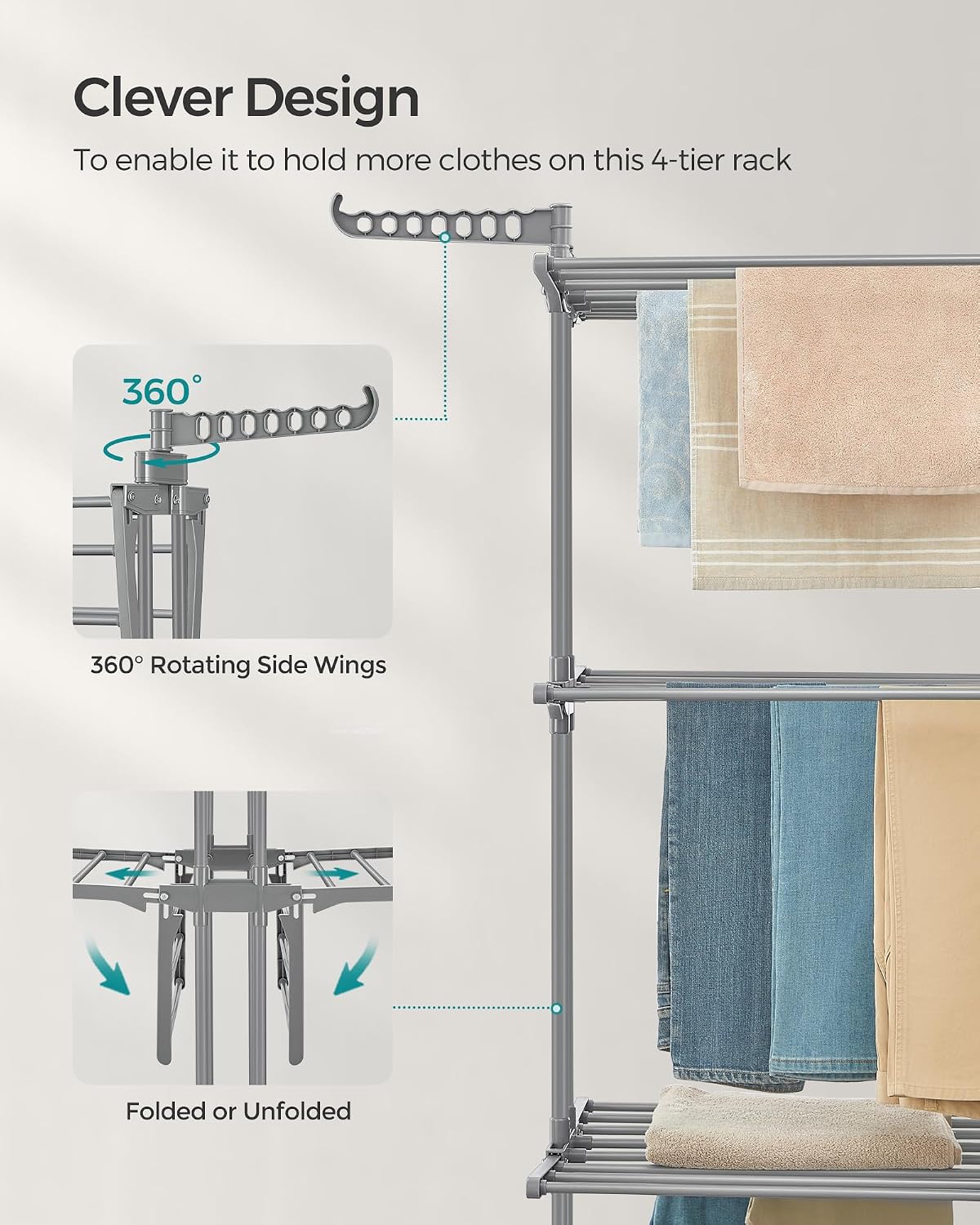 Detalle 1 de SONGMICS BUNJI LLR701G01 4-Tier Clothes Airer with Folding Wings
