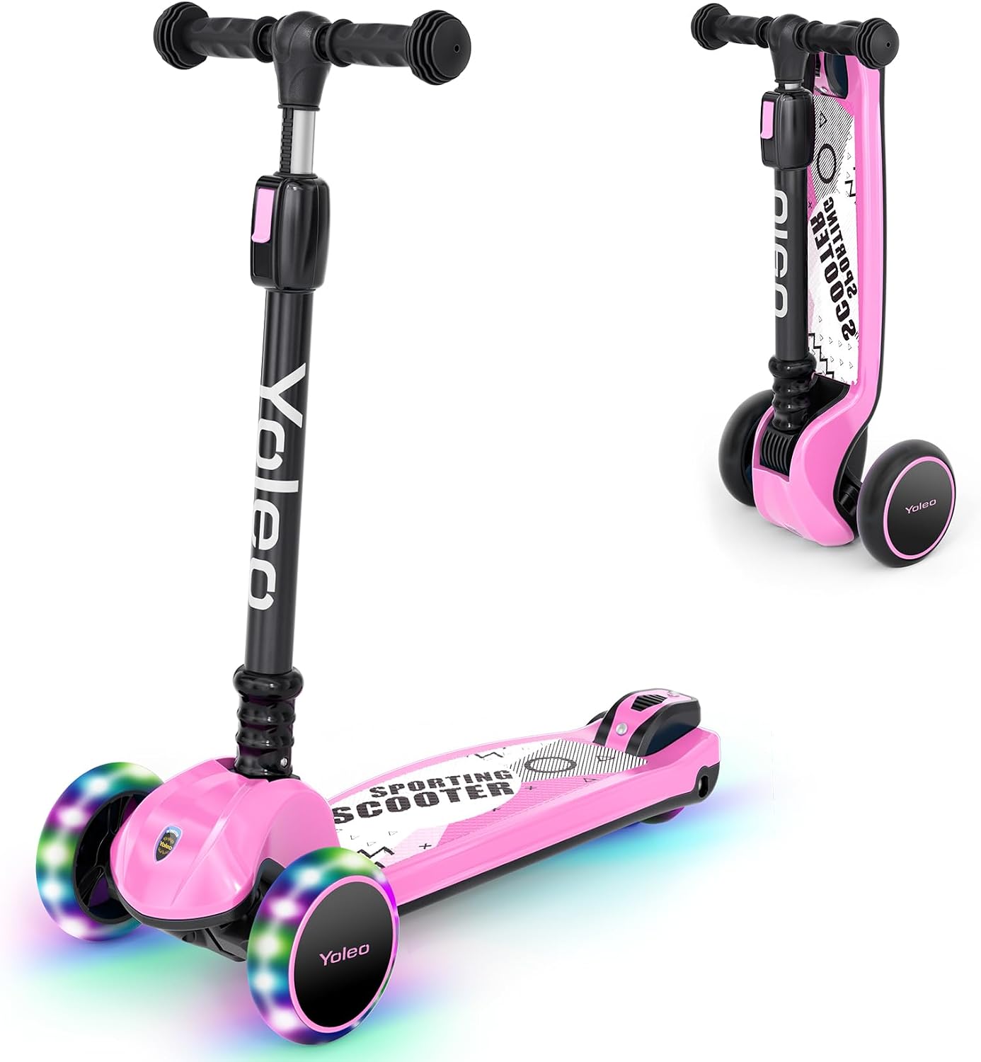 Detalle de YOLEO Kinderoller Dreiradscooter – verstellbarer Lenker, leuchtende PU-Räder und kompakte Falteigenschaft
