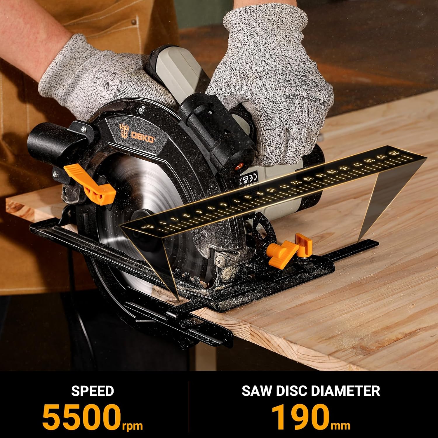 Detalle de DEKOPRO Circular Saw 1400W with Laser Guide – 190mm, 5500 RPM, 65mm/43mm Cut Capacity