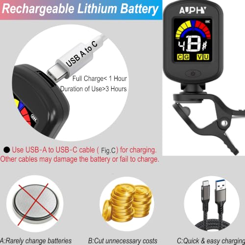 Detalle 2 de AUPHY GT100 Rechargeable Clip-On Tuner for Guitar, Ukulele, Violin and More