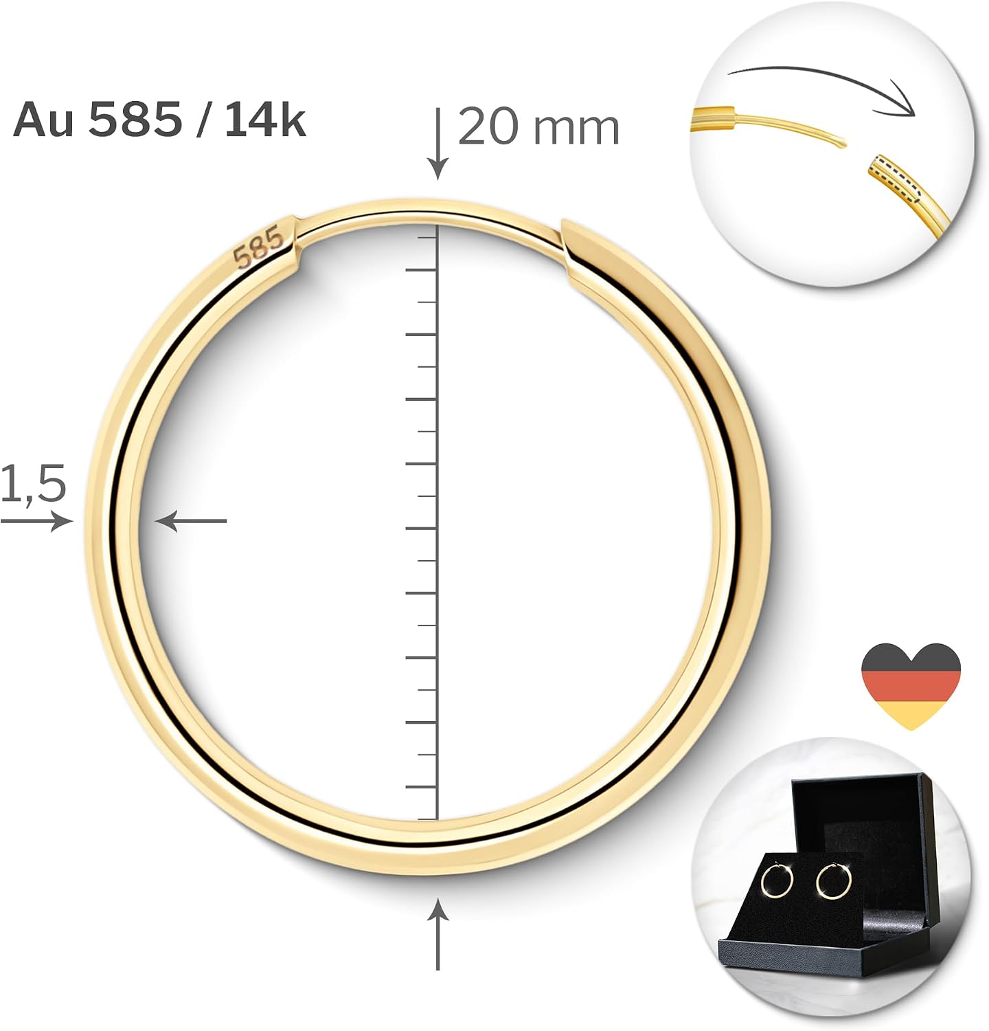 Detalle de Orecchini Cerchio Donna 20 mm in Oro Giallo 333/375/585/750 – Scatola Regalo