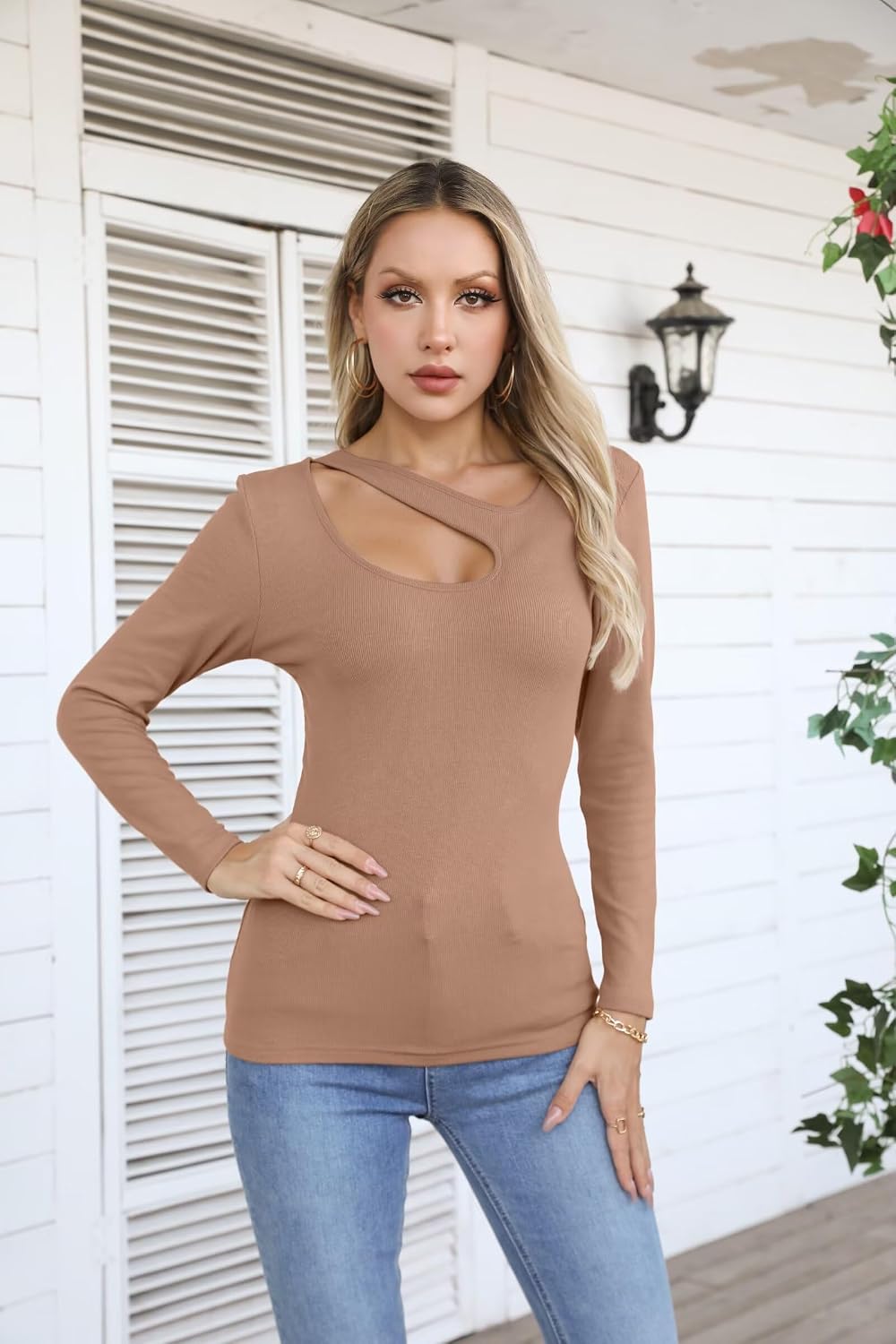 Thumbnail 2 de VICHYIE Damen Langarmshirt Asymmetrisch Cut-Out