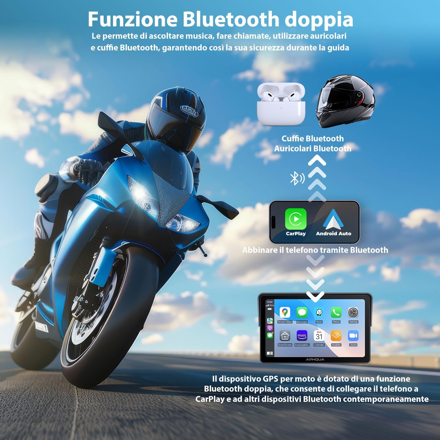 Detalle de APHQUA A722 Schermo Moto 7" CarPlay wireless