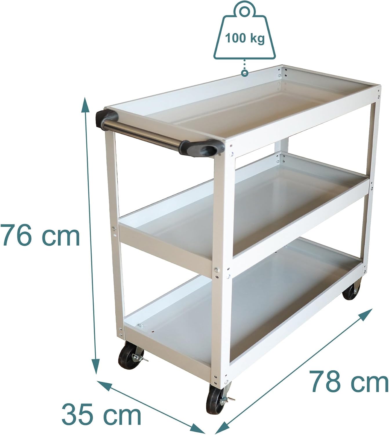 Detalle 2 de Relaxdays verktygsvagn med 3 hyllplan, fyra hjul och maxlast upp till 100 kg