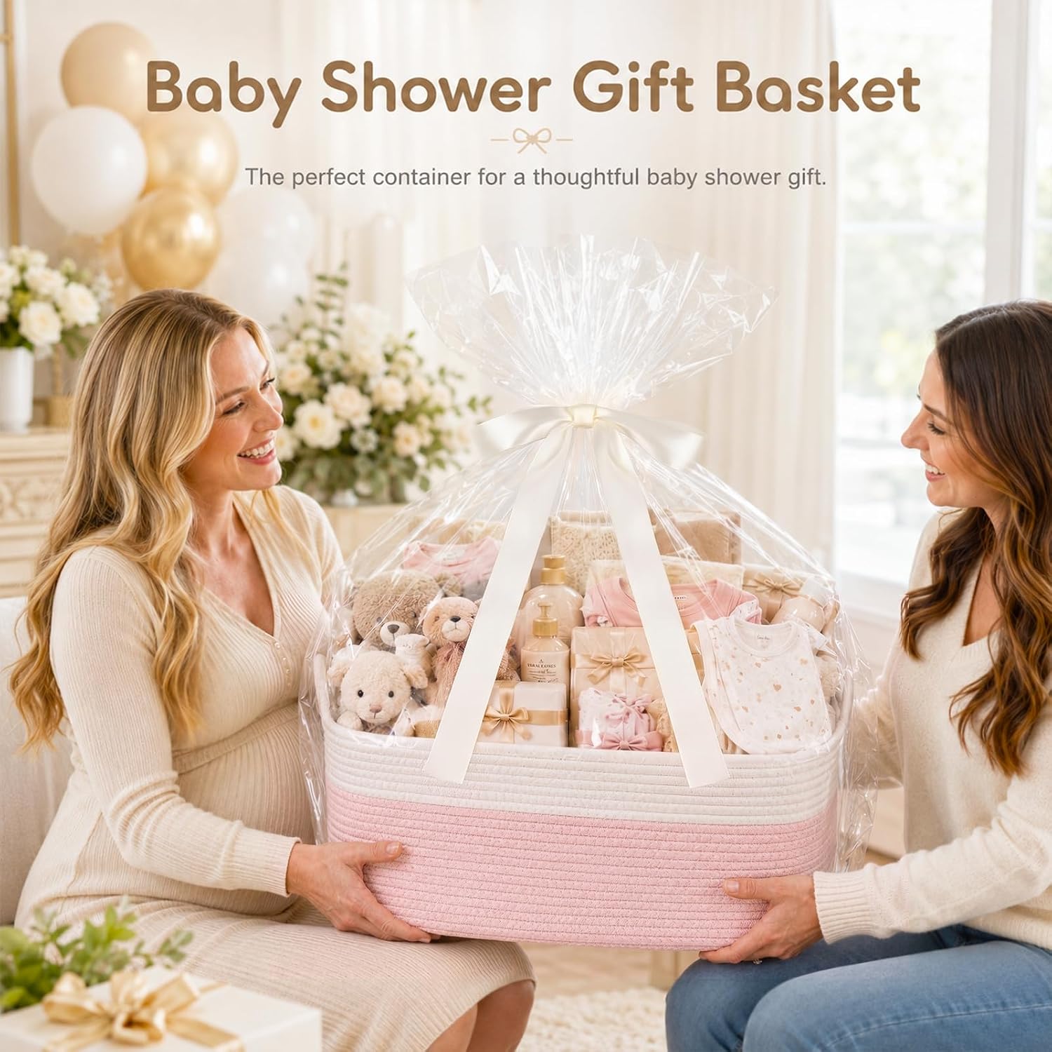 Thumbnail 1 de OIASKET MSFD74P100 Cotton Rope Gift Basket, Pink and White, 25-Liter Capacity