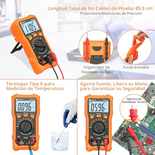 Detalle de Neoteck Multímetro Digital 2000 Contadores con Pinza de Cocodrilo – Tester Eléctrico para CA/CC, NCV, Temperatura y Más