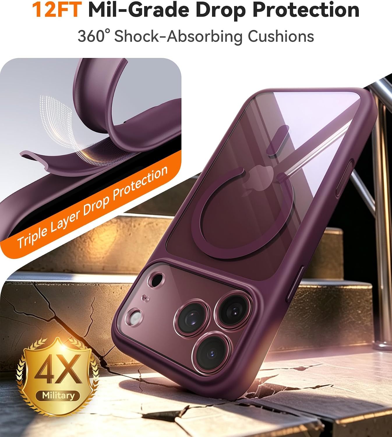Detalle 2 de JUESHITUO Clear Burgundy iPhone 18 Pro Case with MagSafe Compatibility
