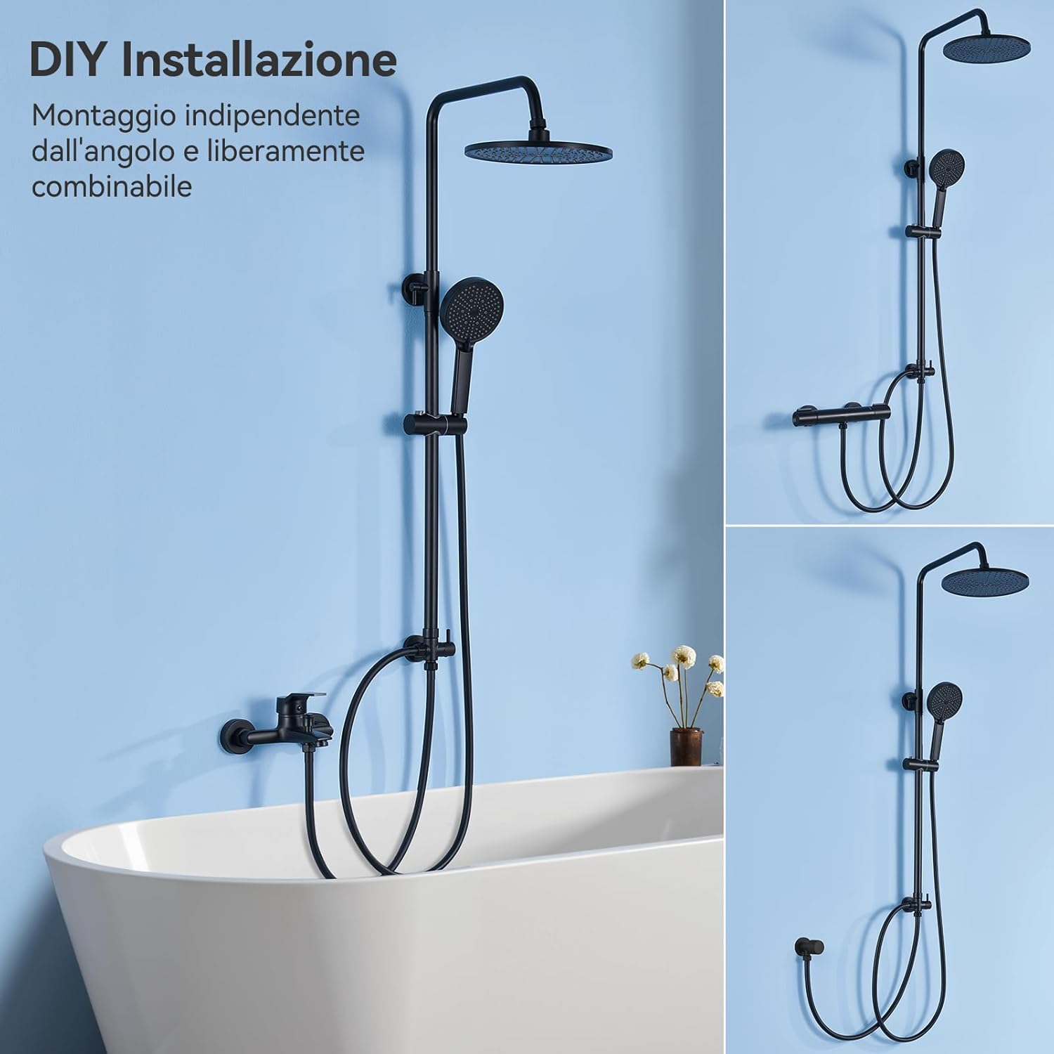 Thumbnail 1 de Auralum Colonna Doccia senza Miscelatore: set doccia con soffione da 25 cm, doccetta 4 getti e asta regolabile in acciaio inox - Nero