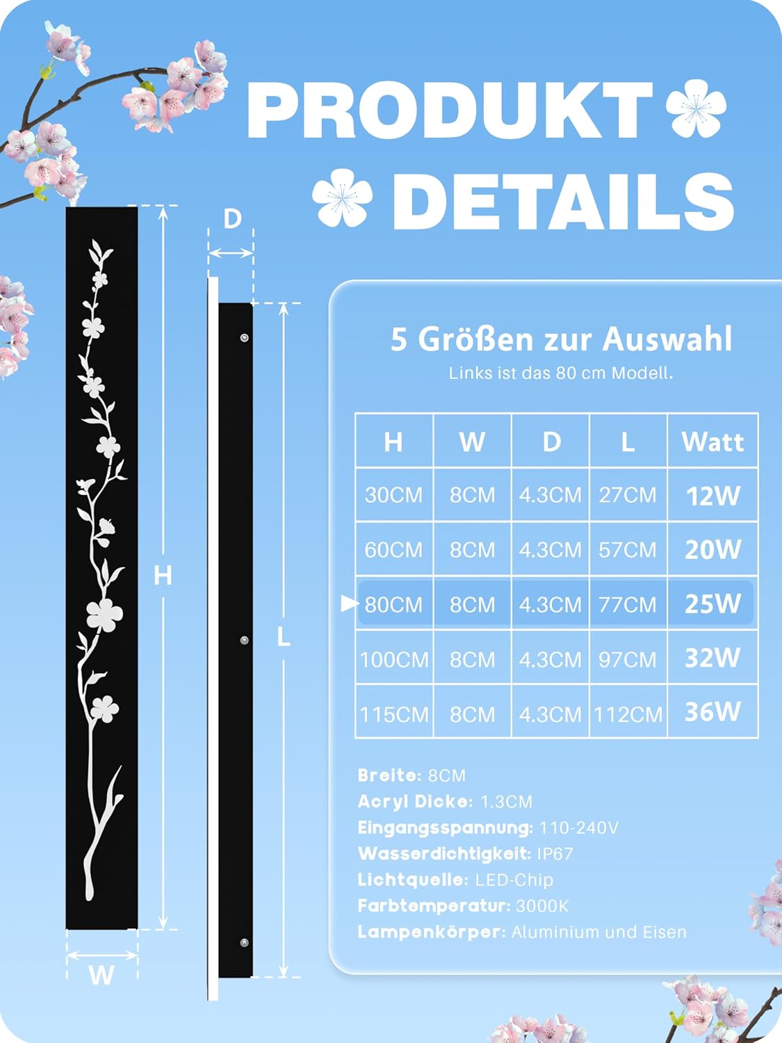 Thumbnail 6 de Led Long Wall Light Black 60m Outdoor Wall Light 20W IP67 Peach Blossom Design