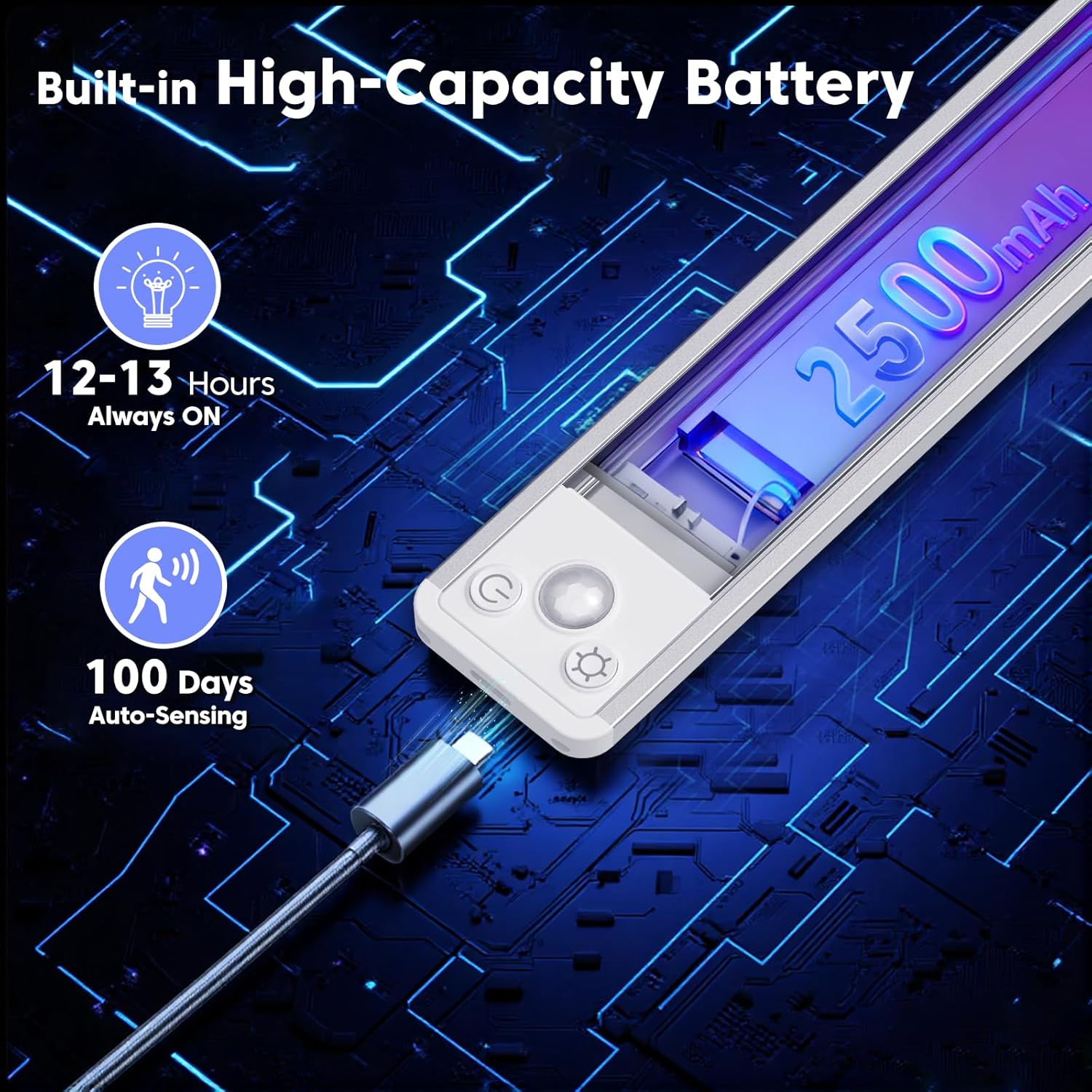 Detalle de 40cm Under Cabinet Kitchen Lights with Motion Sensor – 3 Colour Temperatures, 2500mAh USB-C Rechargeable (3-Pack)
