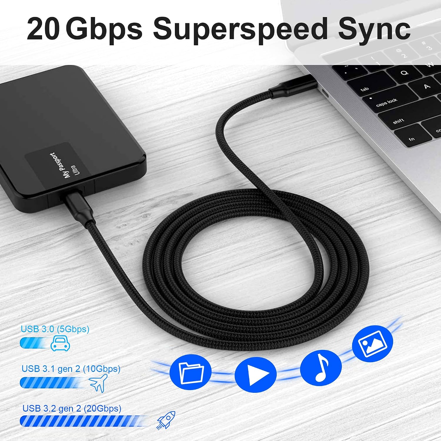 Detalle de Elfesoul USB-C to C Cable 3.2 Gen 2, 10ft, 240W PD, 4K 60Hz, 20Gbps