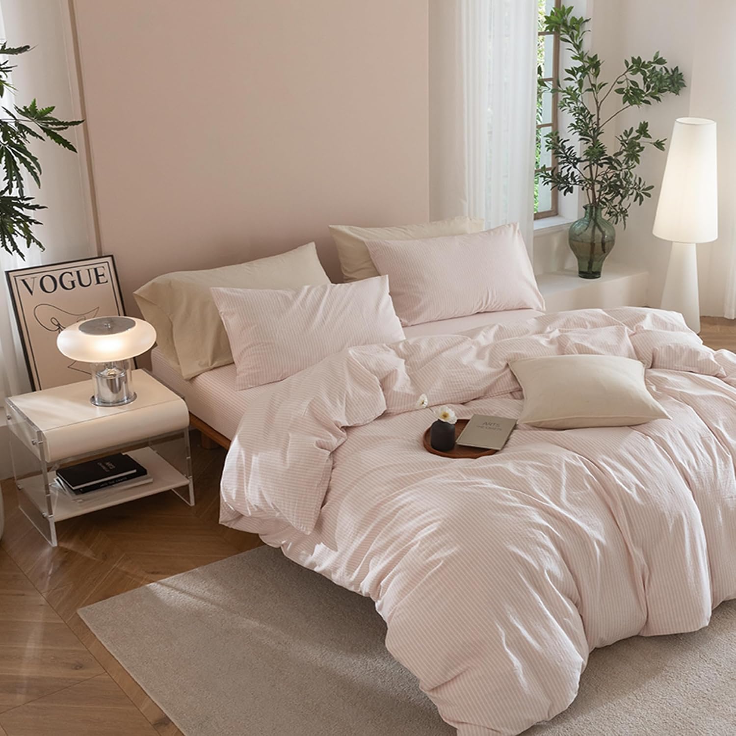 Thumbnail 1 de JIYUAN Twin Washed Cotton Duvet Cover Set with Linen-Like Pinstripes (2-Piece) — Includes Pillowcase, Hidden Zipper & 8 Corner Ties