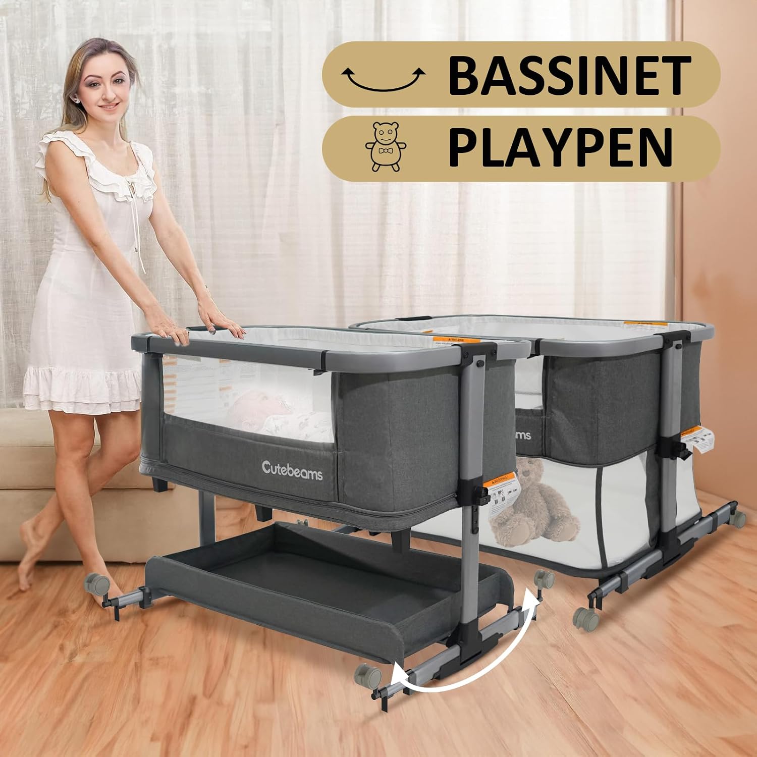Detalle 2 de cutebeams HB608-1 4-in-1 Baby Bassinet with Playpen, Adjustable Height and Rocking