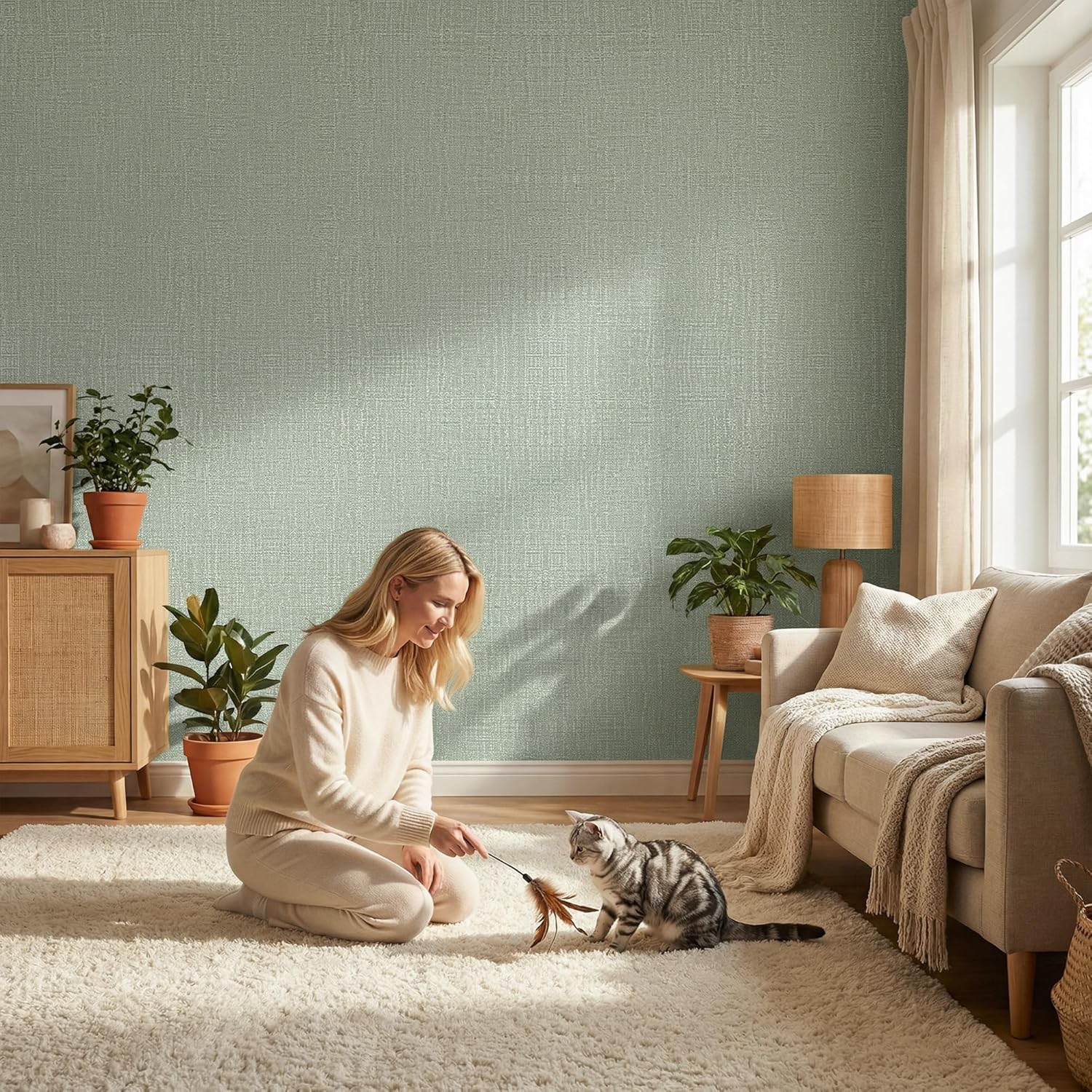 Thumbnail 6 de WADILE WDL-QZ-02-CL-60-12M Grasscloth Peel-and-Stick Wallpaper, Light Green Vinyl