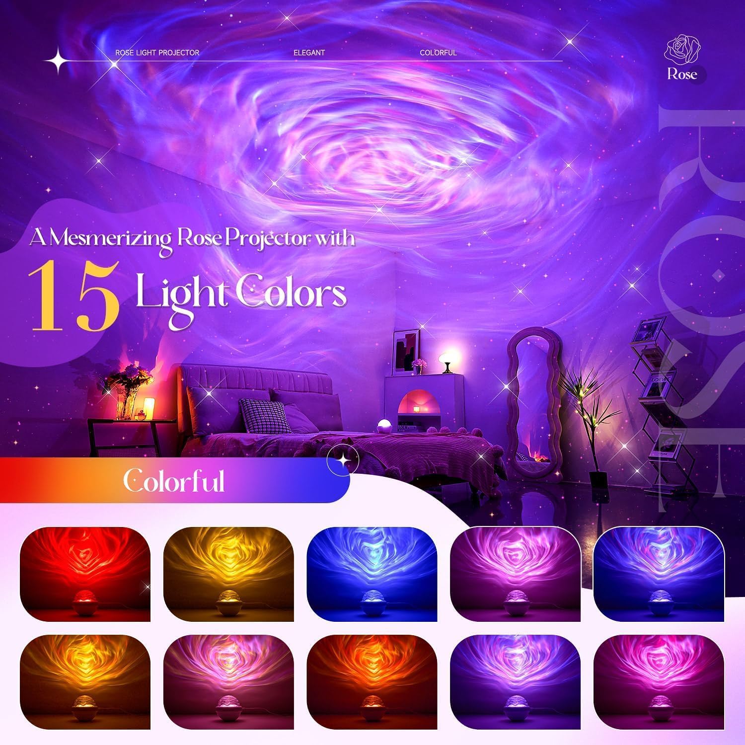 Thumbnail 1 de PIKOY Rose Sunset Lampe: Polarlicht-Projektor mit Rosenmuster für Teens – 15 Farben, Timer und dimmbare indirekte Beleuchtung