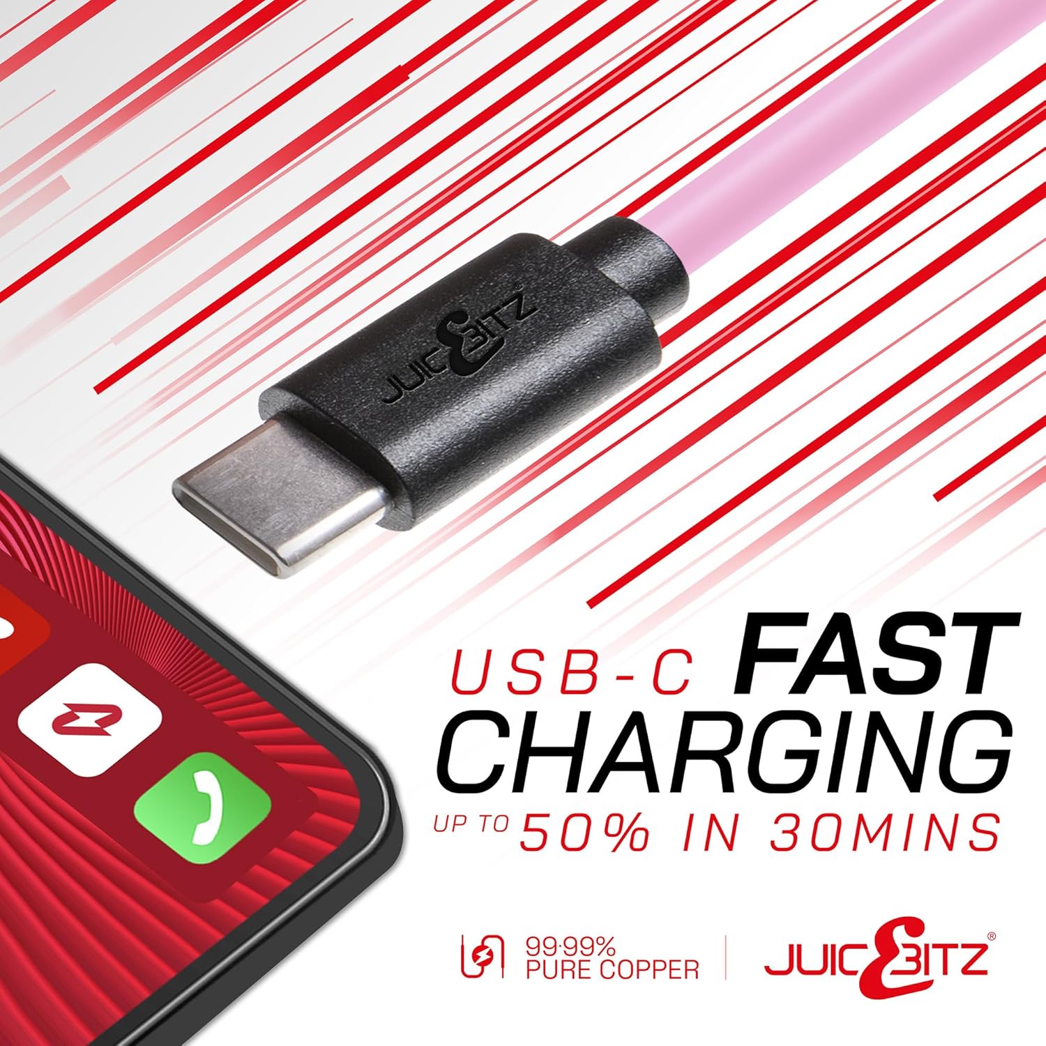 Thumbnail 2 de JuicEBitz Phone Charger Cable (USB A to USB C) 4m – Fast Charge & 480mbps Data Transfer, Pink