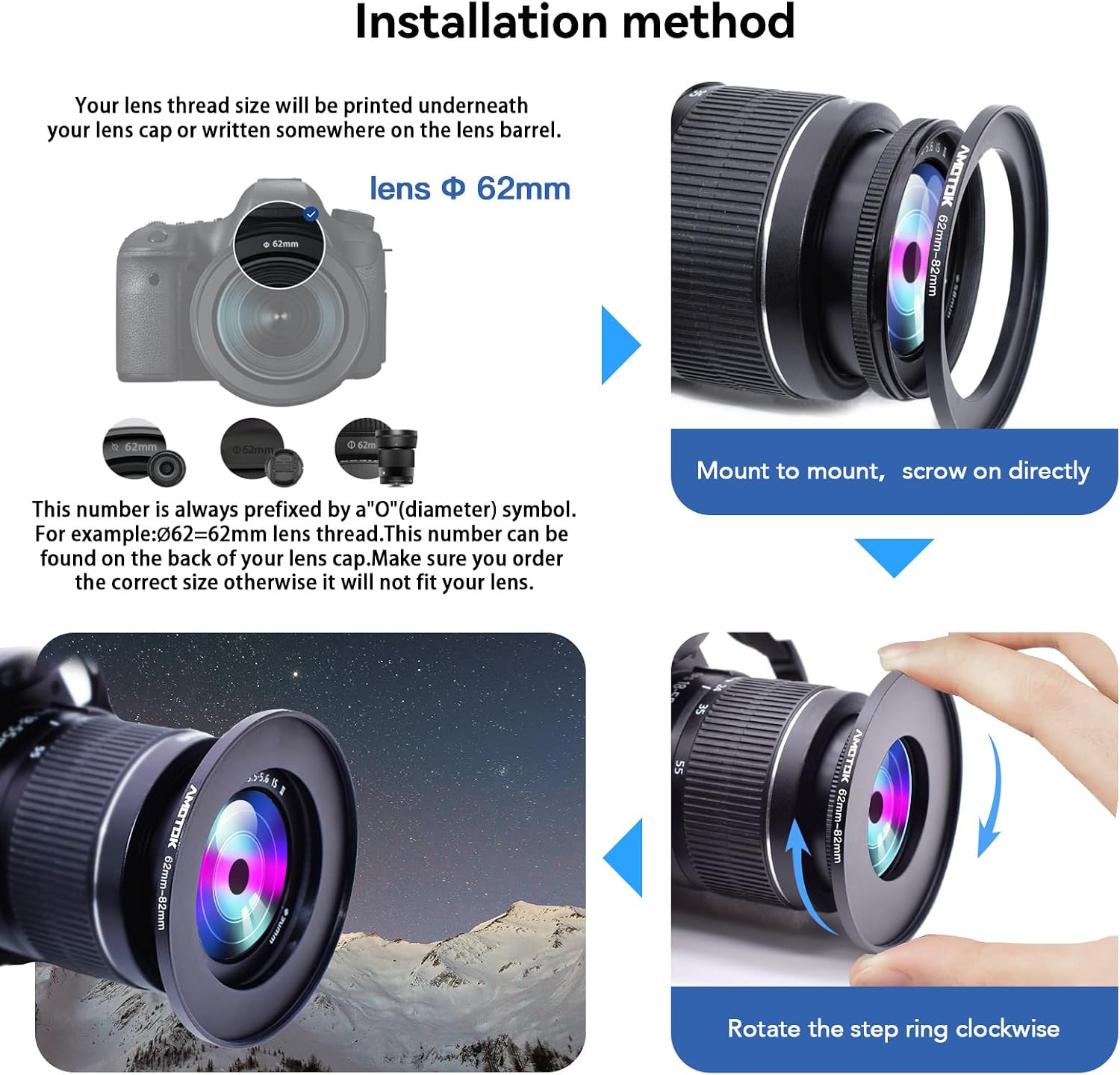 Detalle de 62mm to 82mm Camera Lens Adapter Step-up Ring for 82mm filters and accessories