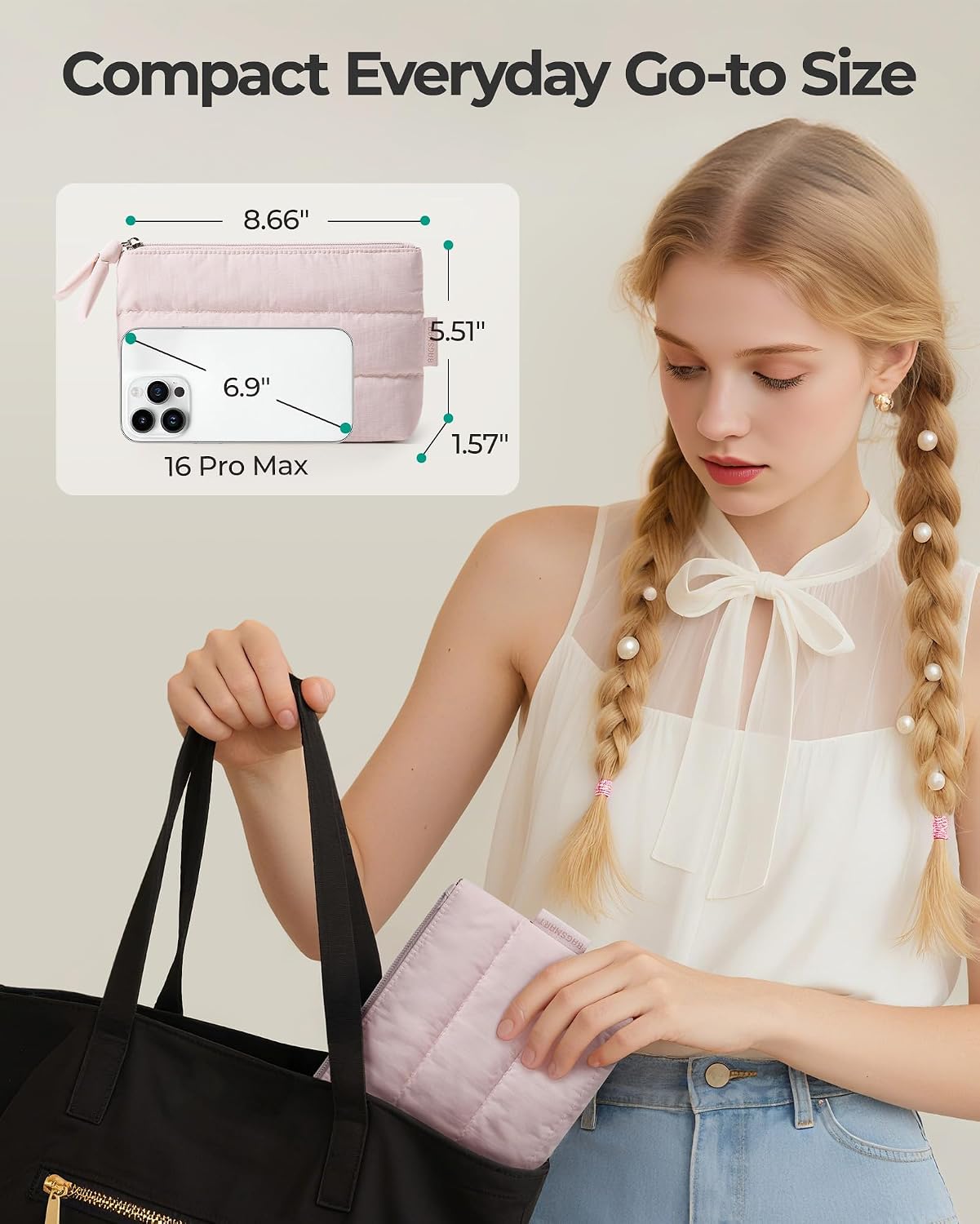 Thumbnail 4 de BAGSMART Small Makeup Bag: 1.6-Inch Slim Pink Puffy Pouch