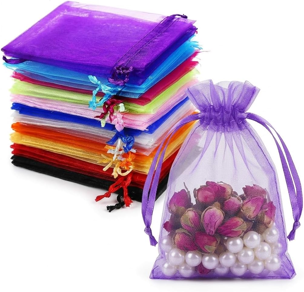 IUSOT 50 Stück Organzasäckchen 20x15 cm – Bunte Zugkordel-Beutel aus Organza, ideal für Hochzeiten, Weihnachten und Schmuck