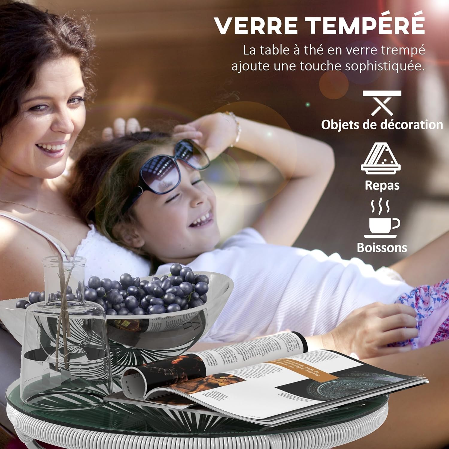 Thumbnail 3 de Table basse ronde Outsunny en résine, rotin métal et plateau verre trempé Ø50 cm – Gris